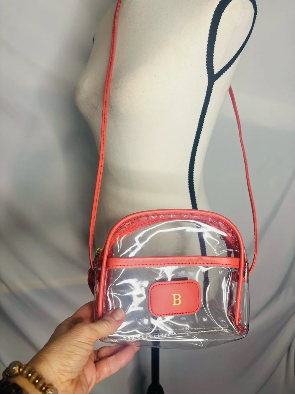 Jon Hart Design Clear Crossbody Bag With B Monogram Salmon Leather trim